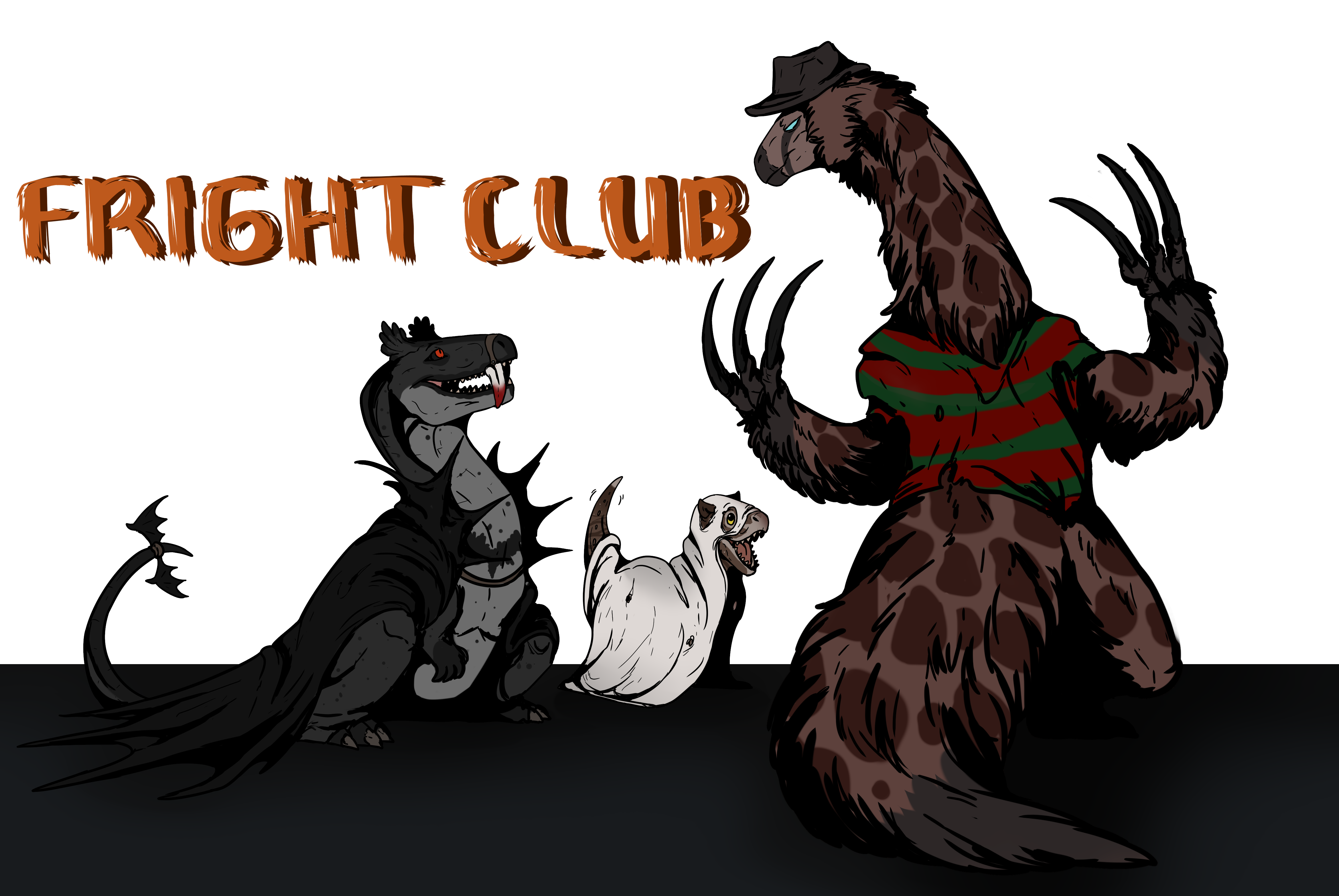 Fright Club title with dinos in costumes: vampire, ghost, and Freddy Krueger